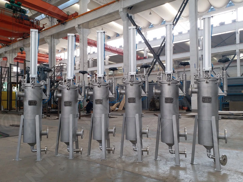 Pneumatic Cylinder Scraper Filter installed in chemical plant for continuous industrial liquid filtration and solid removal